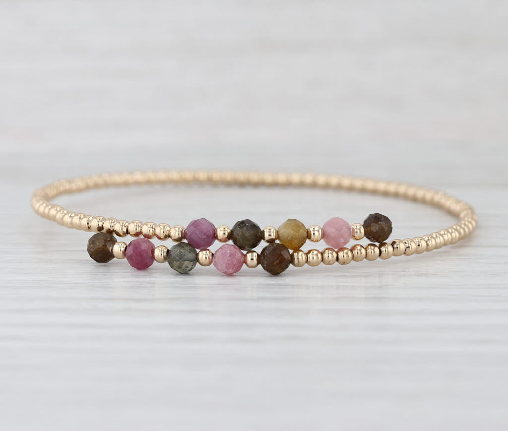 Gemstone Bead Flexible Bangle Bracelet 14k Yellow Gold 6.25"