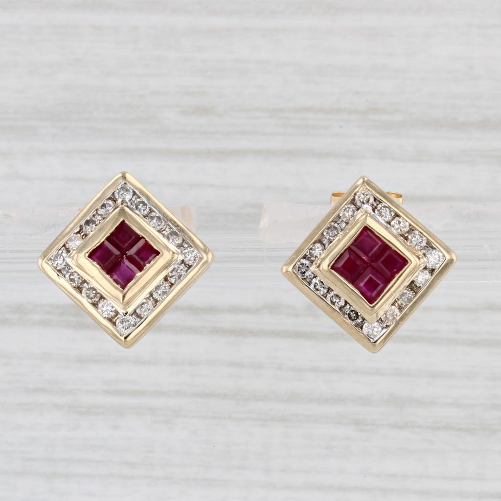 Light Gray 0.85ctw Ruby Diamond Halo Stud Earrings 14k Yellow Gold