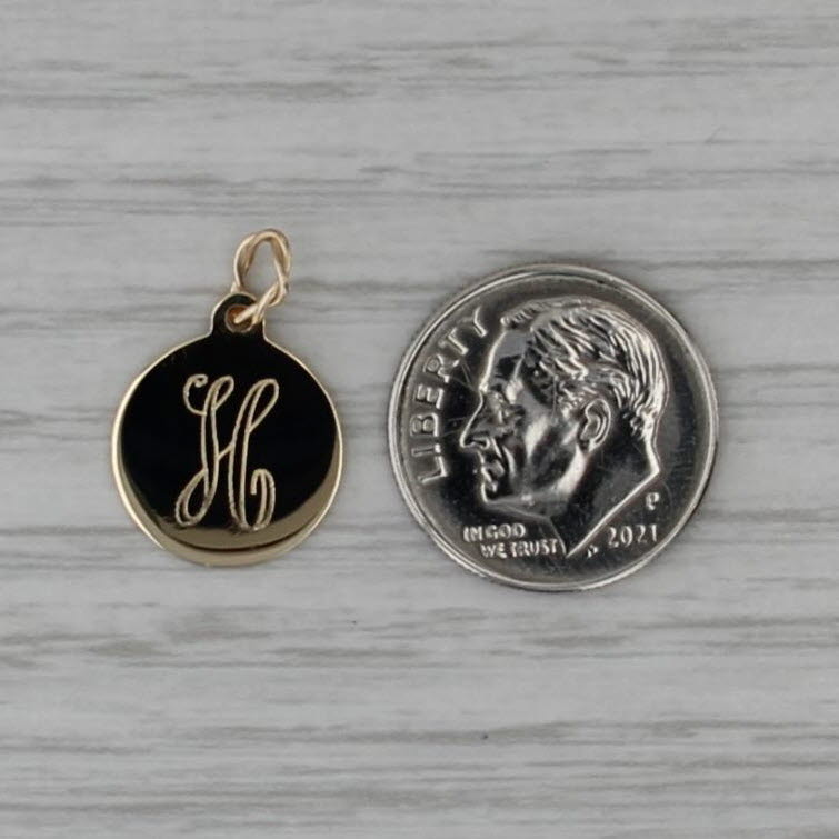 Engraved Letter Initial "H" Pendant 14k Yellow Gold Small Round Charm