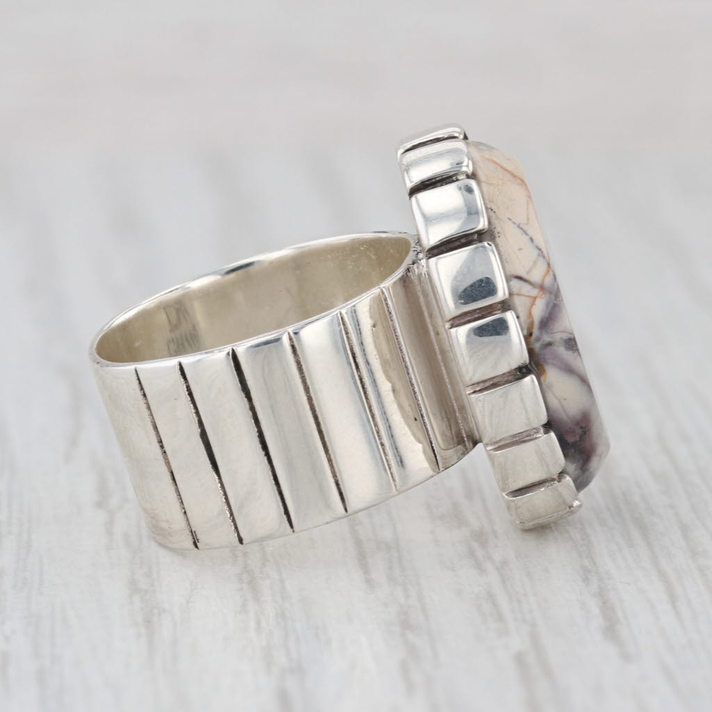 Marbled Chalcedony Jasper Ring Sterling Silver Size 6.5 Oval Cabochon Statement