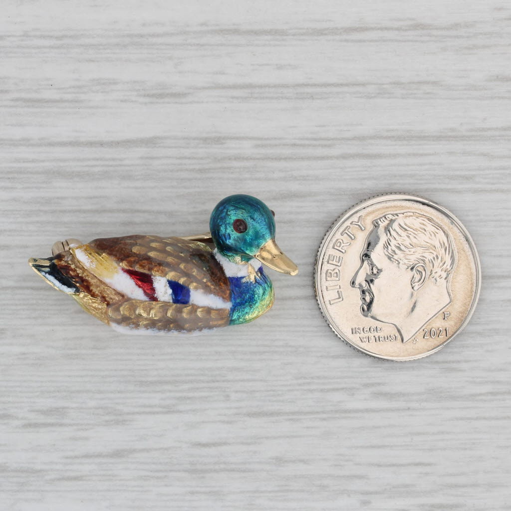 Gray Mallard Duck Pin 14k Yellow Gold Vibrant Enamel Vintage Brooch
