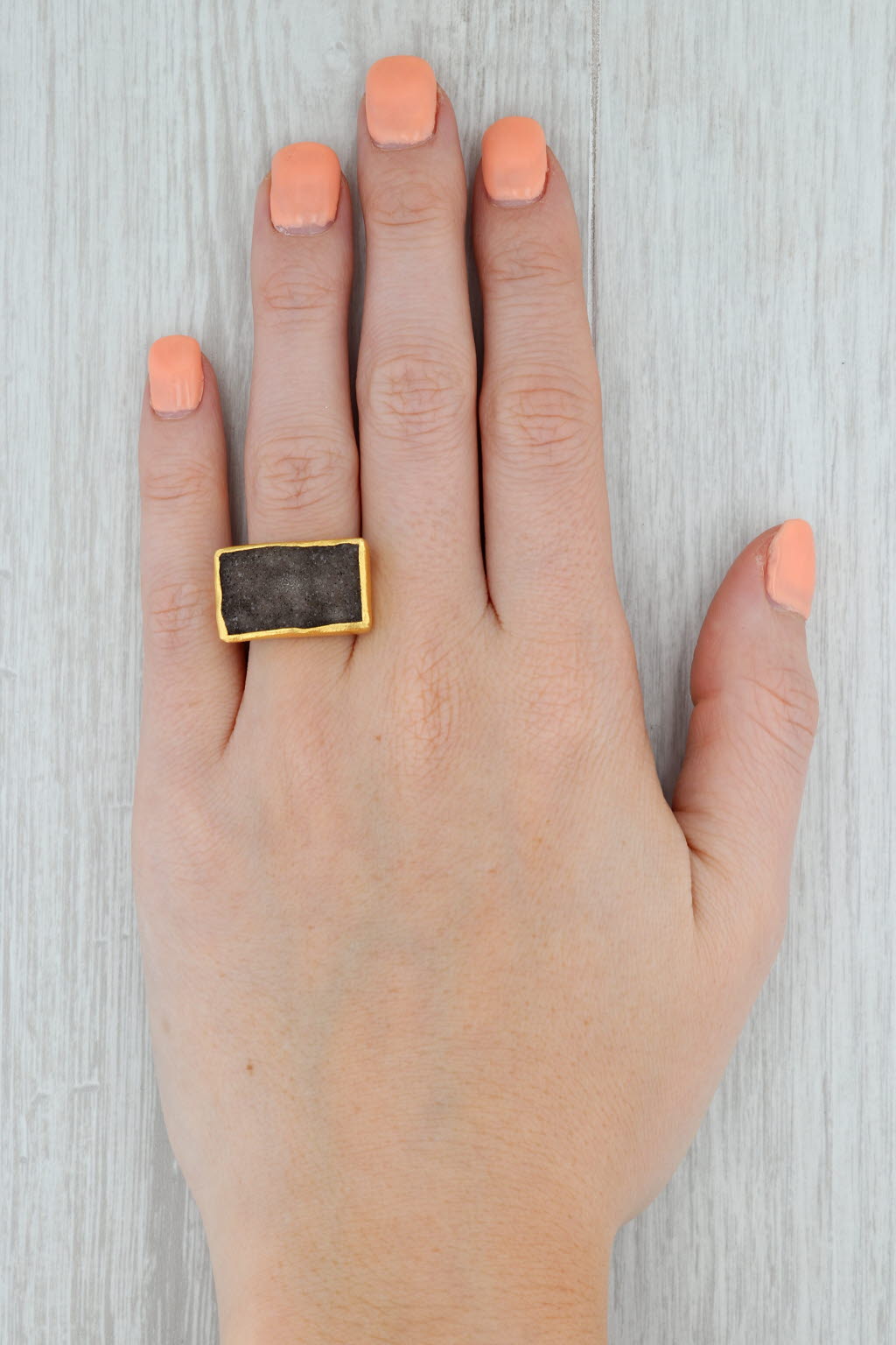 New Nina Nguyen Gray Druzy Quartz Ring Sterling Silver 22k Gold Vermeil Size 6