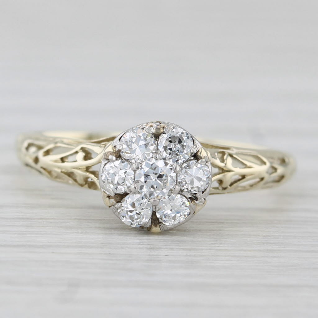 Light Gray Antique 0.26ctw Diamond Flower Cluster Engagement Ring 14k Yellow Gold Size 7.25