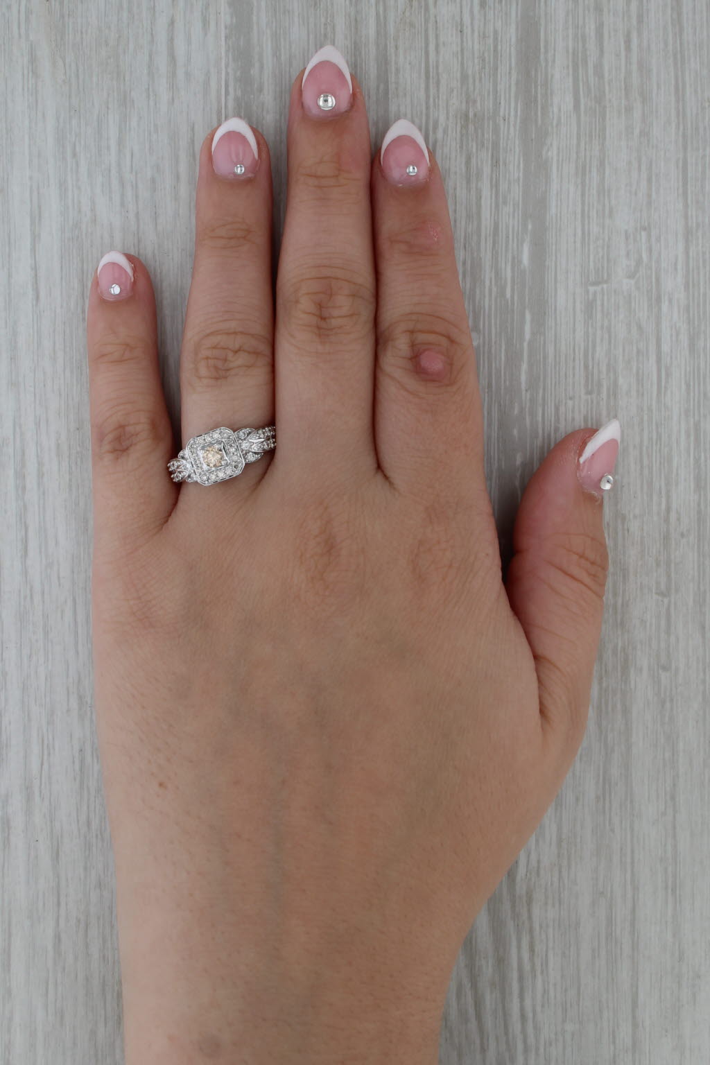 Champagne White Diamond Halo Engagement Ring 14k White Gold Size 9.25