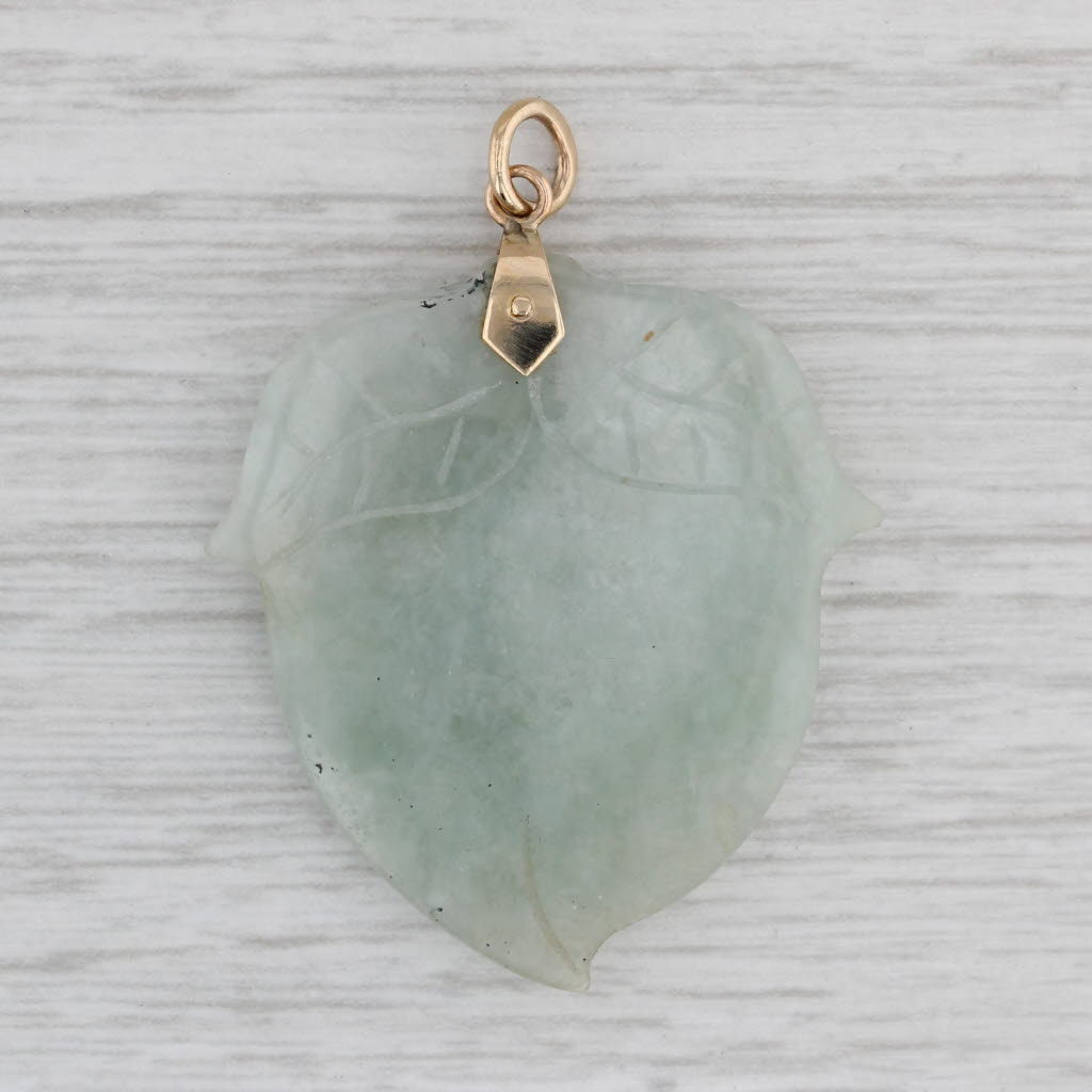 Gray Green Jadeite Jade Carved Acorn Pendant 14k Yellow Gold