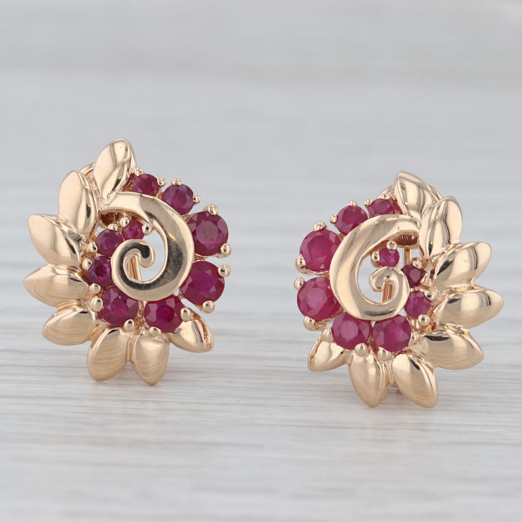 Gray 1.55ctw Ruby Flower Swirl Clip On Earrings 14k Yellow Gold Omega Backs