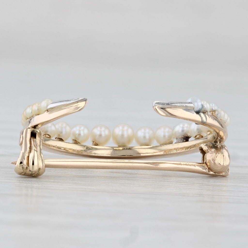 Light Gray Vintage Seed Pearl Crescent Moon Pin 14k Yellow Gold Brooch