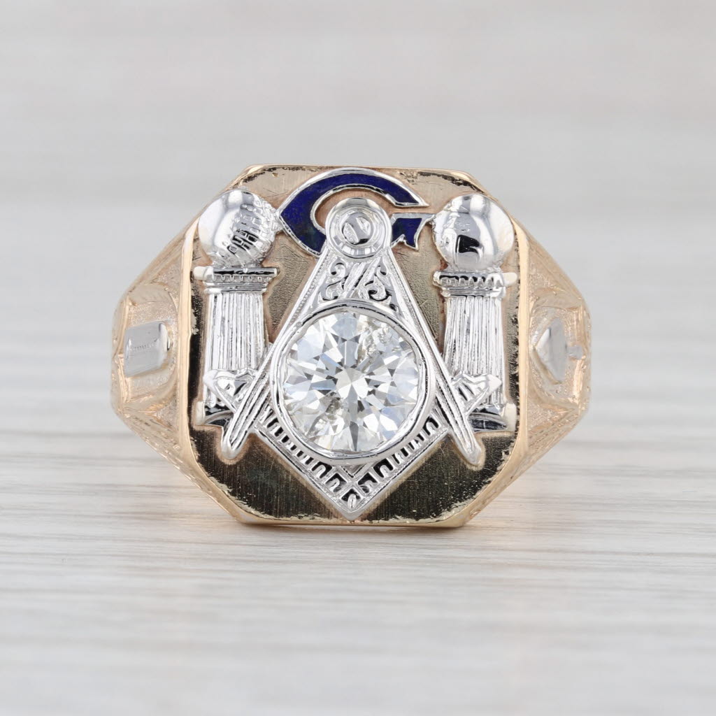 1.31ct Diamond Masonic Signet Ring 14k Gold Size 12.5 Square Compass Blue Lodge