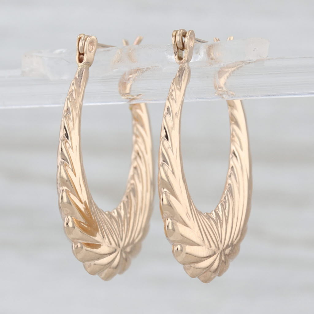 Wheat Etched Hoop Earrings Beveled 14k Yellow Gold Snap Top Hoops