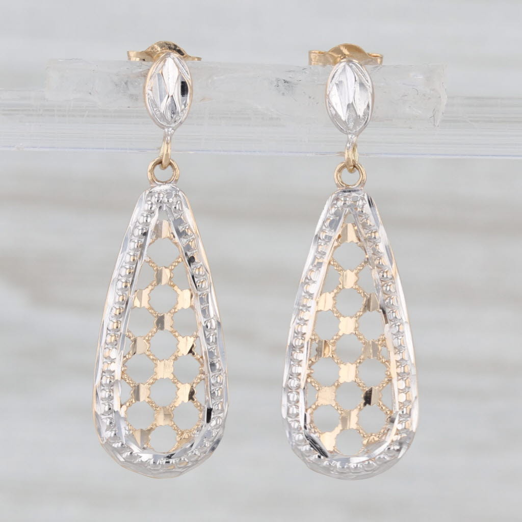 Lattice Work Teardrop Dangle Earrings 14k White Yellow Gold Drops