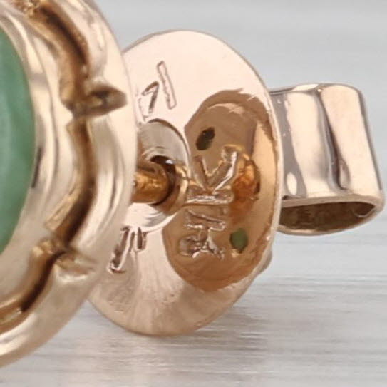 Green Jadeite Jade Stud Earrings 14k Yellow Gold Round Cabochon Studs