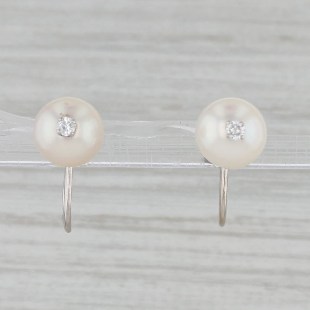 Gray Galatea Cultured Pearl Diamond Earrings 14k Gold Screw Back Non Pierced