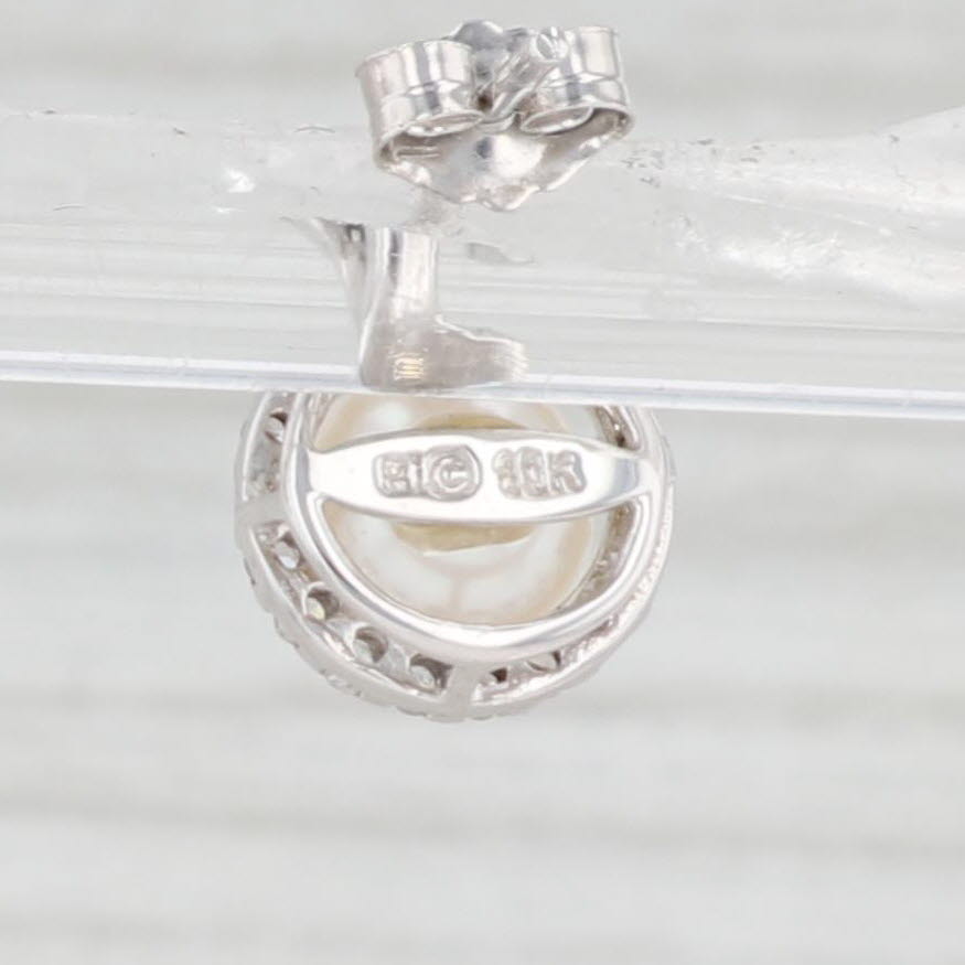 Light Gray Cultured Pearl Diamond Halo Stud Earrings 10k White Gold Pierced Studs