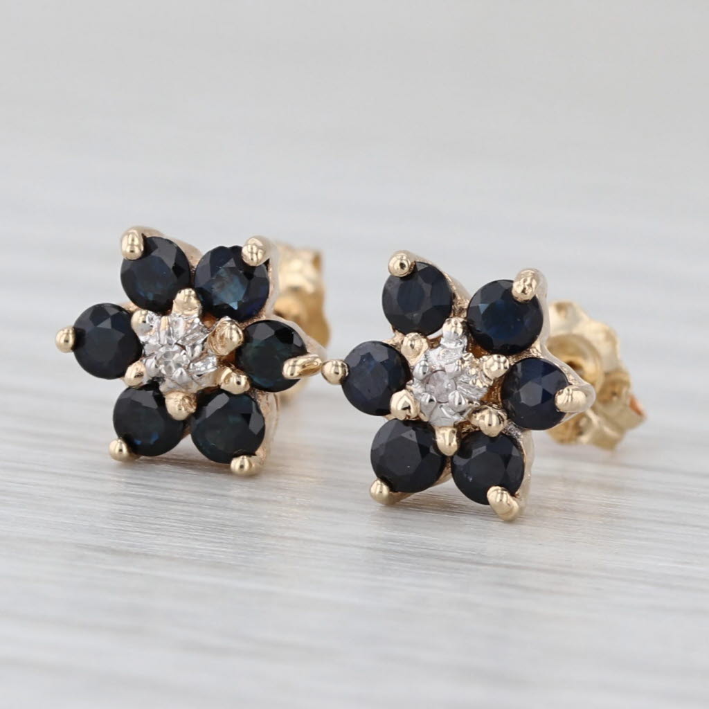 0.60ctw Blue Sapphire Flower Stud Earrings 10k Yellow Gold Floral Studs