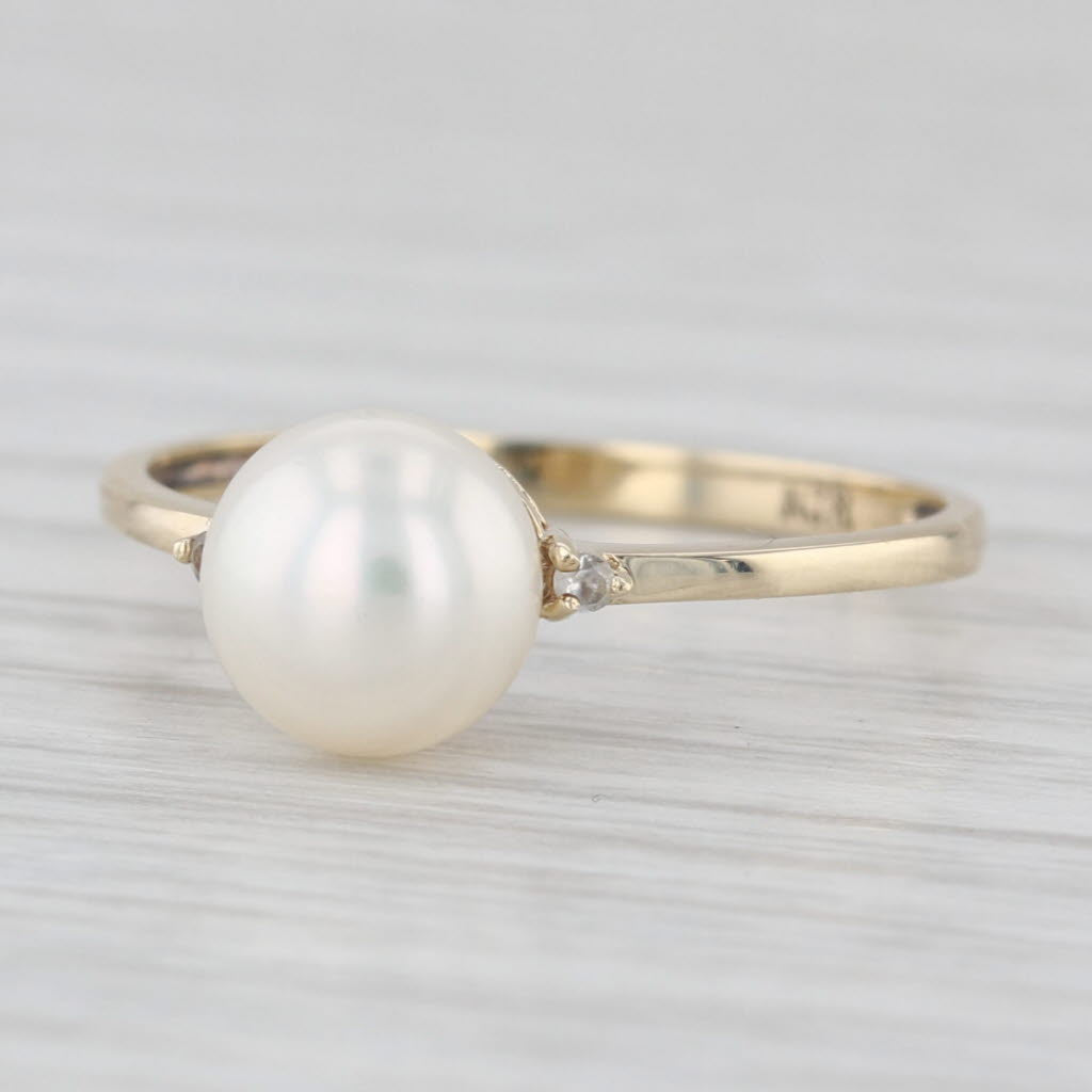 Cultured Pearl Solitaire Ring 10k Yellow Gold Size 7.25 Diamond Accent