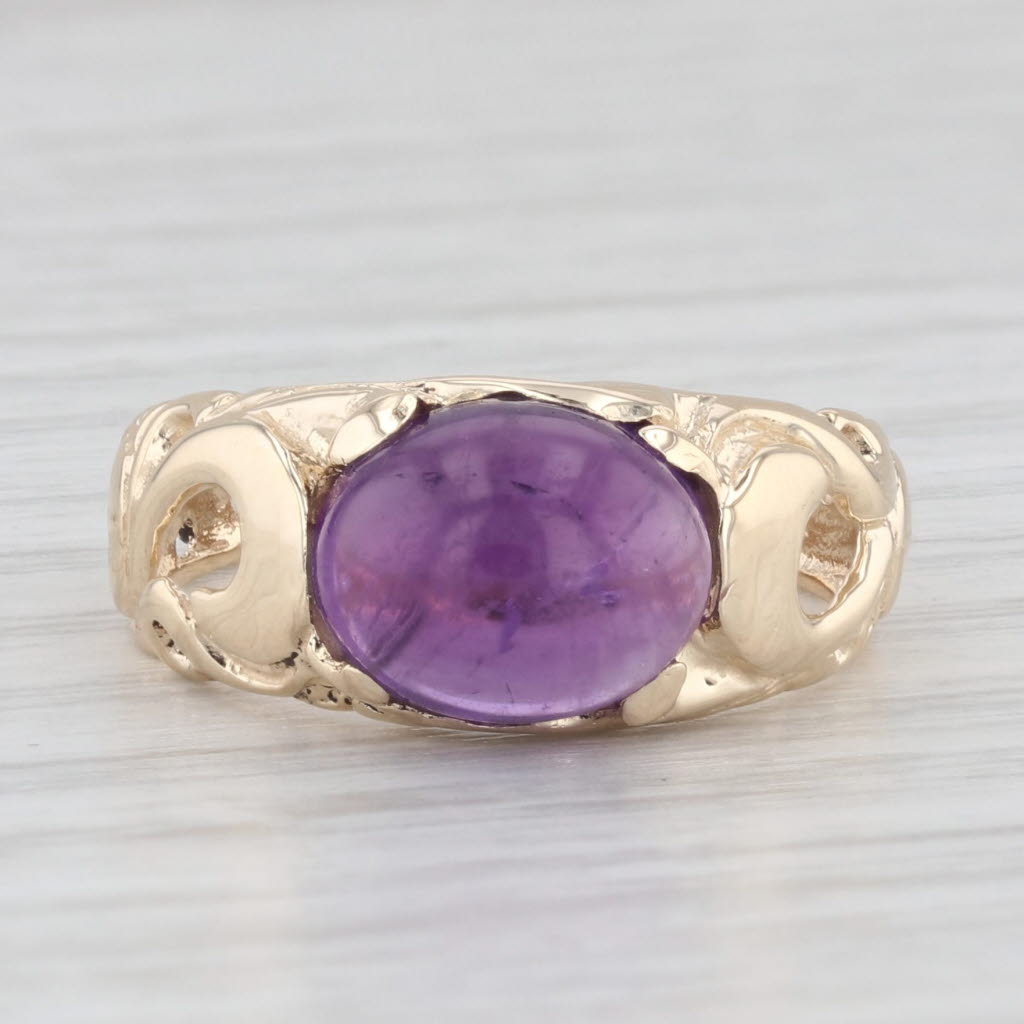 Light Gray Oval Cabochon Amethyst Solitaire Ring 14k Yellow Gold Size 7 Ornate Vine Work