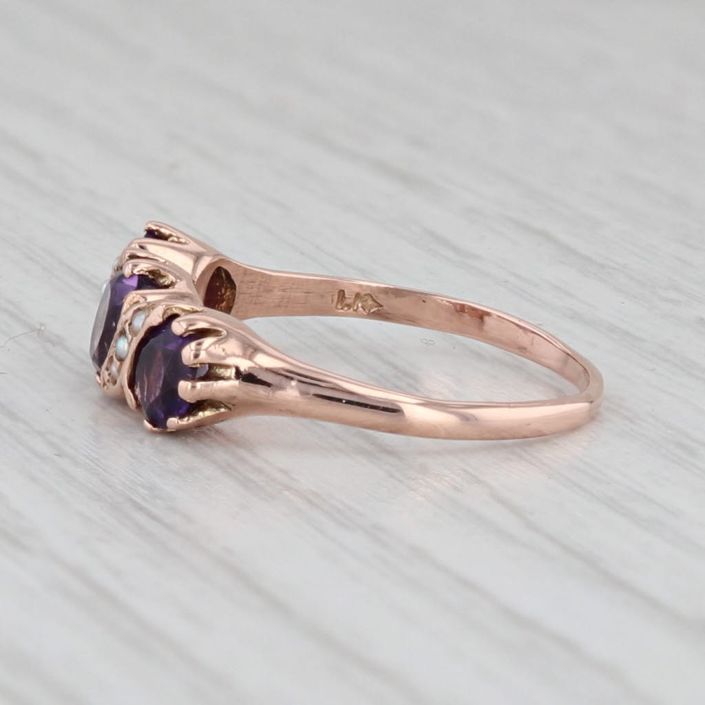 Light Gray Victorian 3-Stone Amethyst Seed Pearl Ring 14k Rose Gold Size 6.5