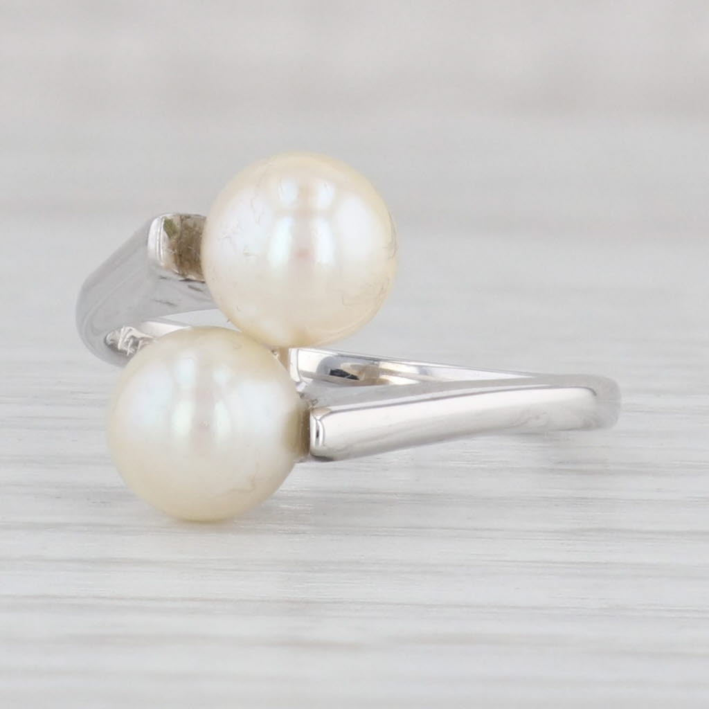 Light Gray 2 Cultured Pearls Bypass Ring 14k White Gold Size 6.25