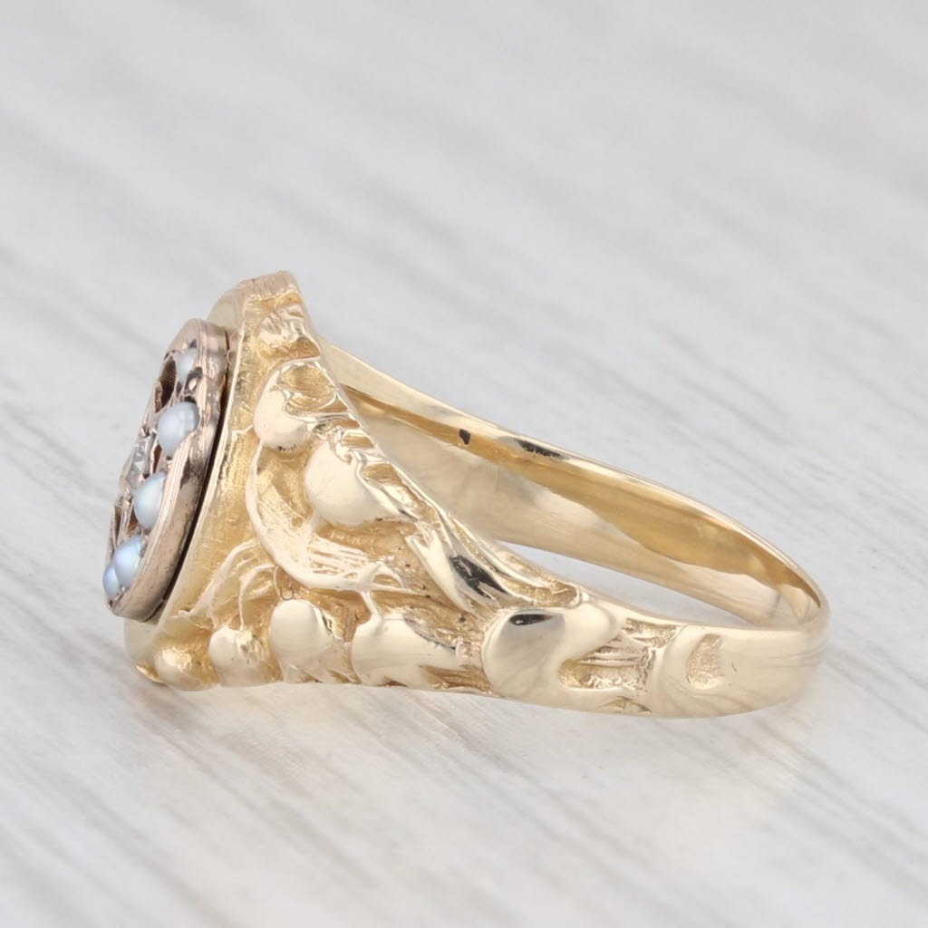 Light Gray Antique Diamond Star Pearl Crescent Moon Ring 10k Gold Size 4.25 Signet