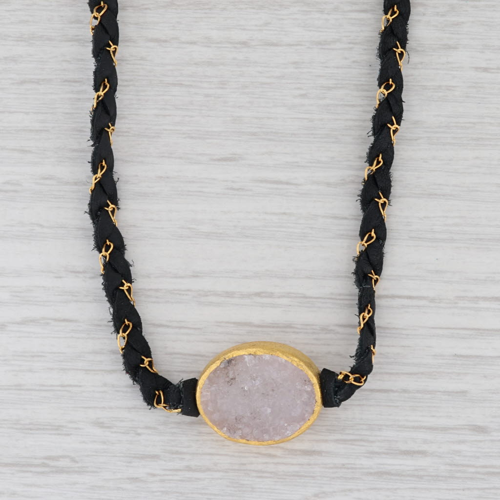 New Nina Wynn Necklace Cordelia Black Leather White Druzy Pendant NWT