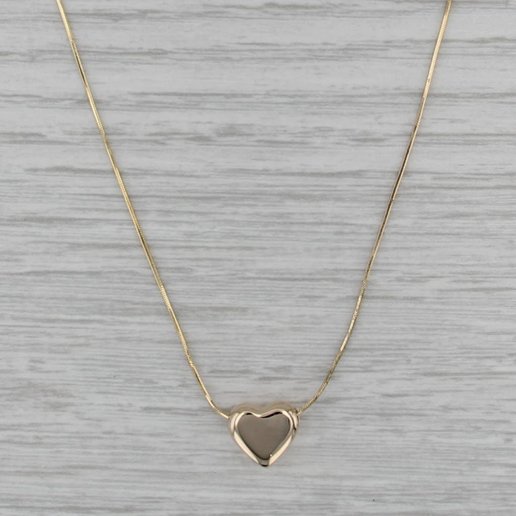 Puffy Heart Slide Pendant Necklace 14k Yellow Gold 17" Snake Chain