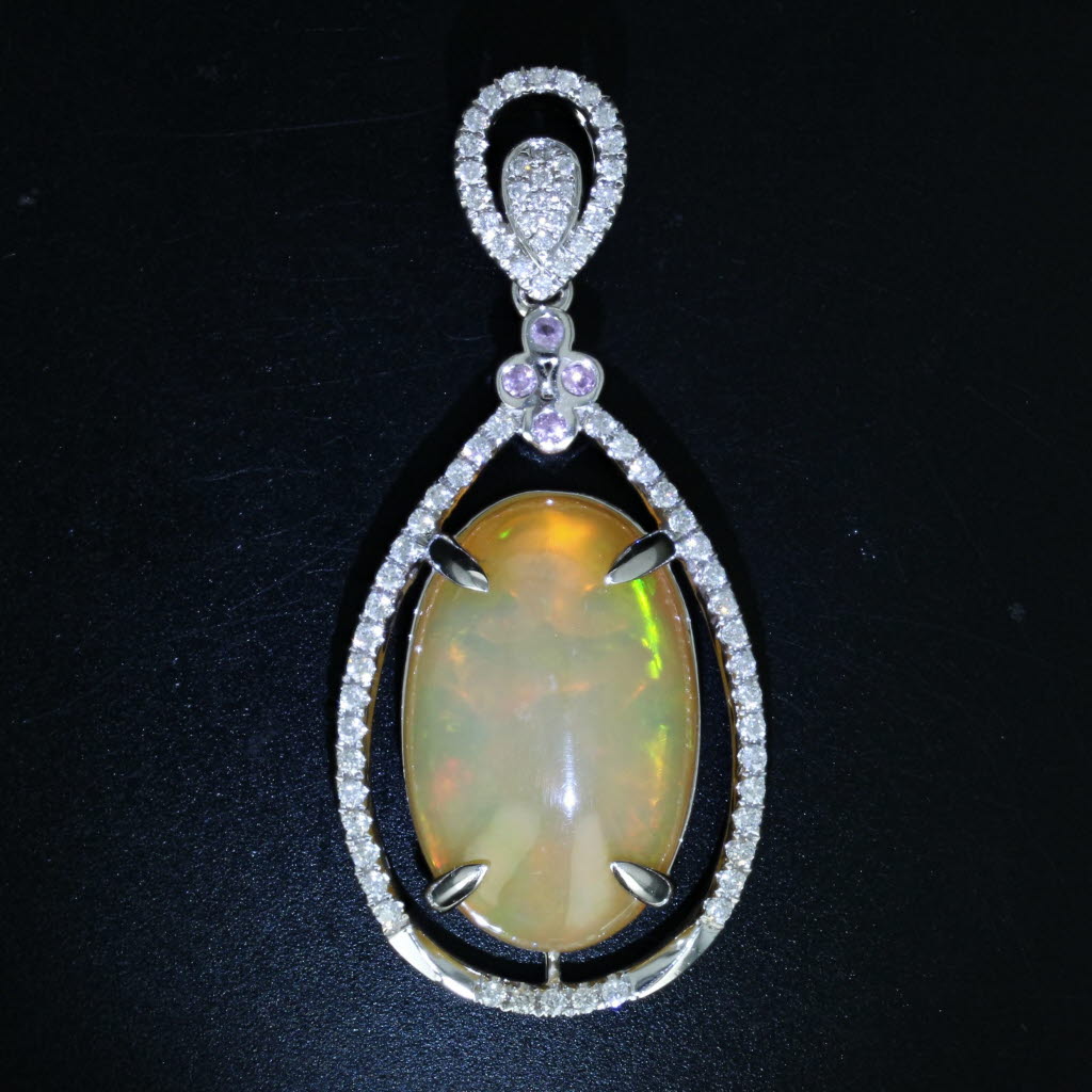 Black Opal Cabochon Diamond Pink Sapphire Pendant 14k White Gold Statement