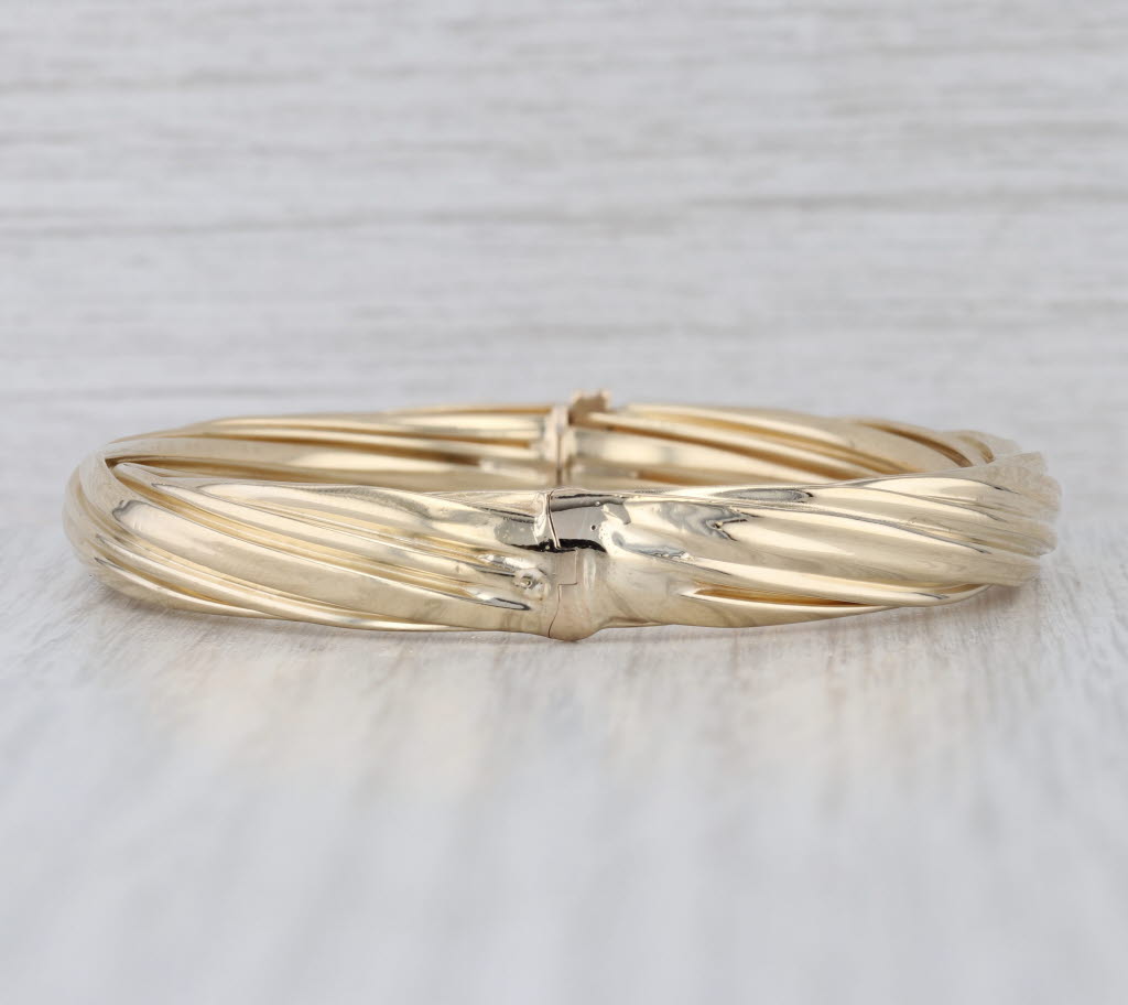 Twist Pattern Bangle Bracelet 14k Yellow Gold 7" 8mm Hinged Snap Clasp