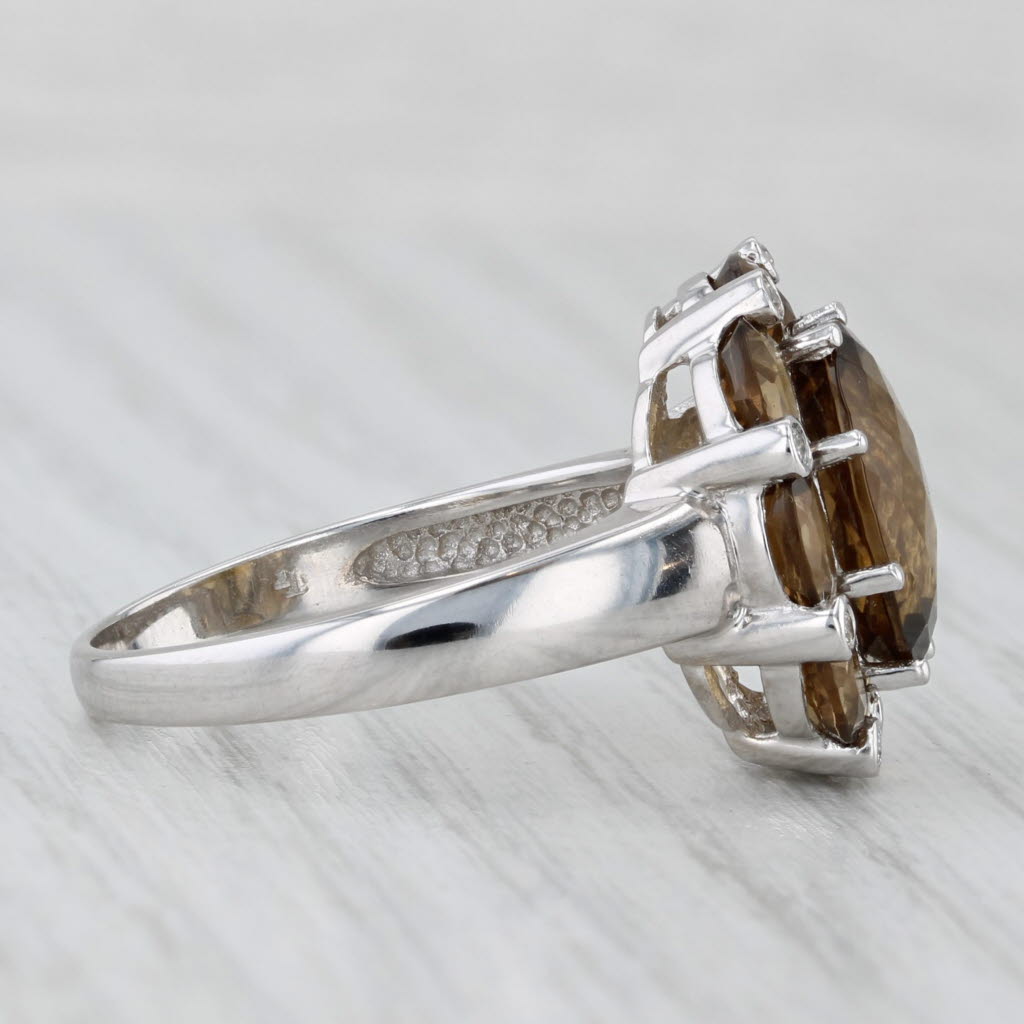 Light Gray 5.87ctw Brown Citrine Flower Diamond Ring 14k White Gold Cocktail Size 9.25