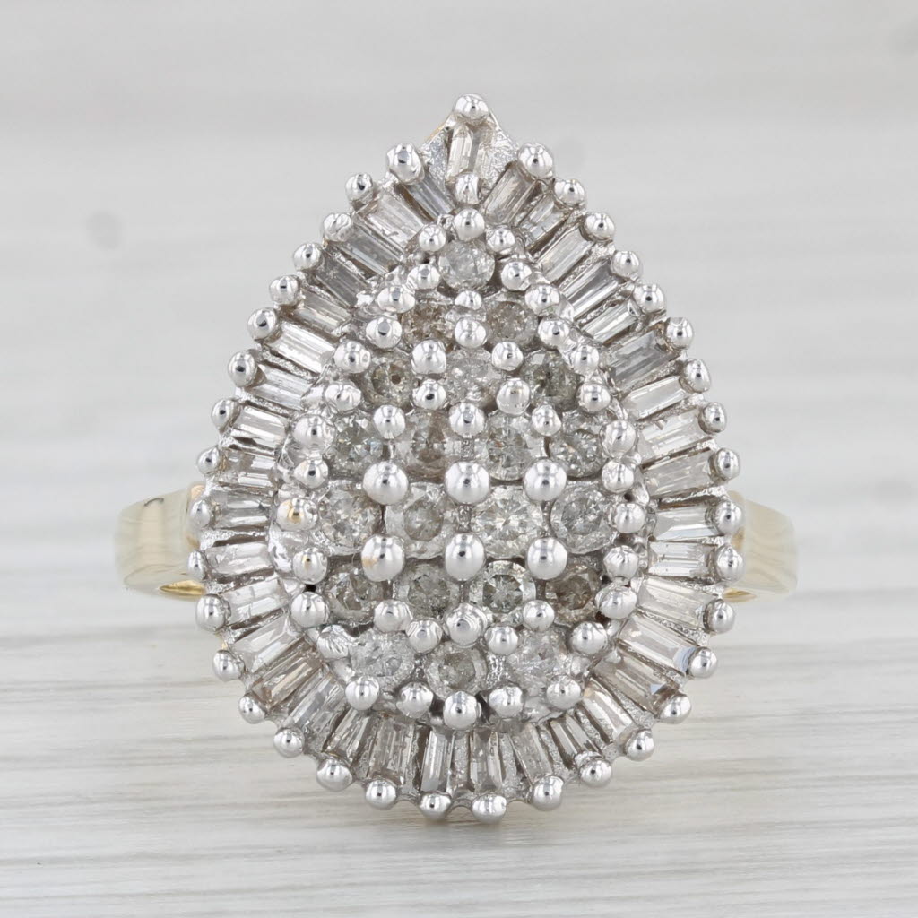 Light Gray 1.26ctw Diamond Teardrop Ring 10k Yellow Gold Size 7.25 Cocktail Cluster