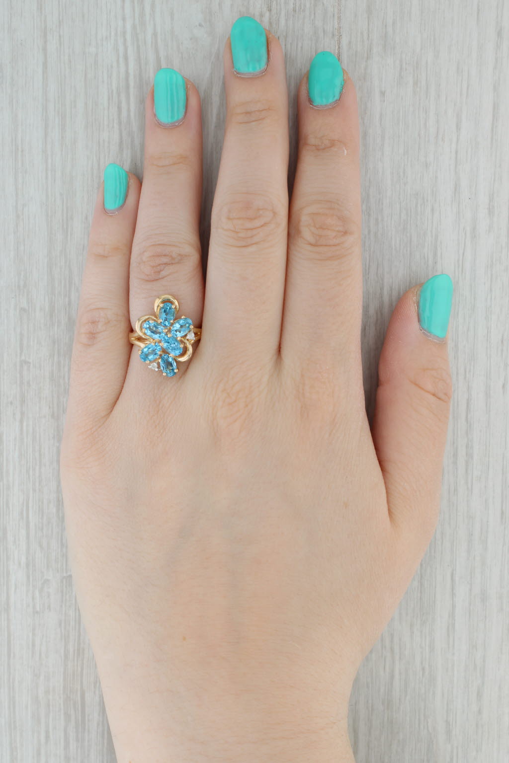 Gray 3.50ctw Blue Topaz Diamond Flower Cluster Ring 14k Yellow Gold Size 7.5