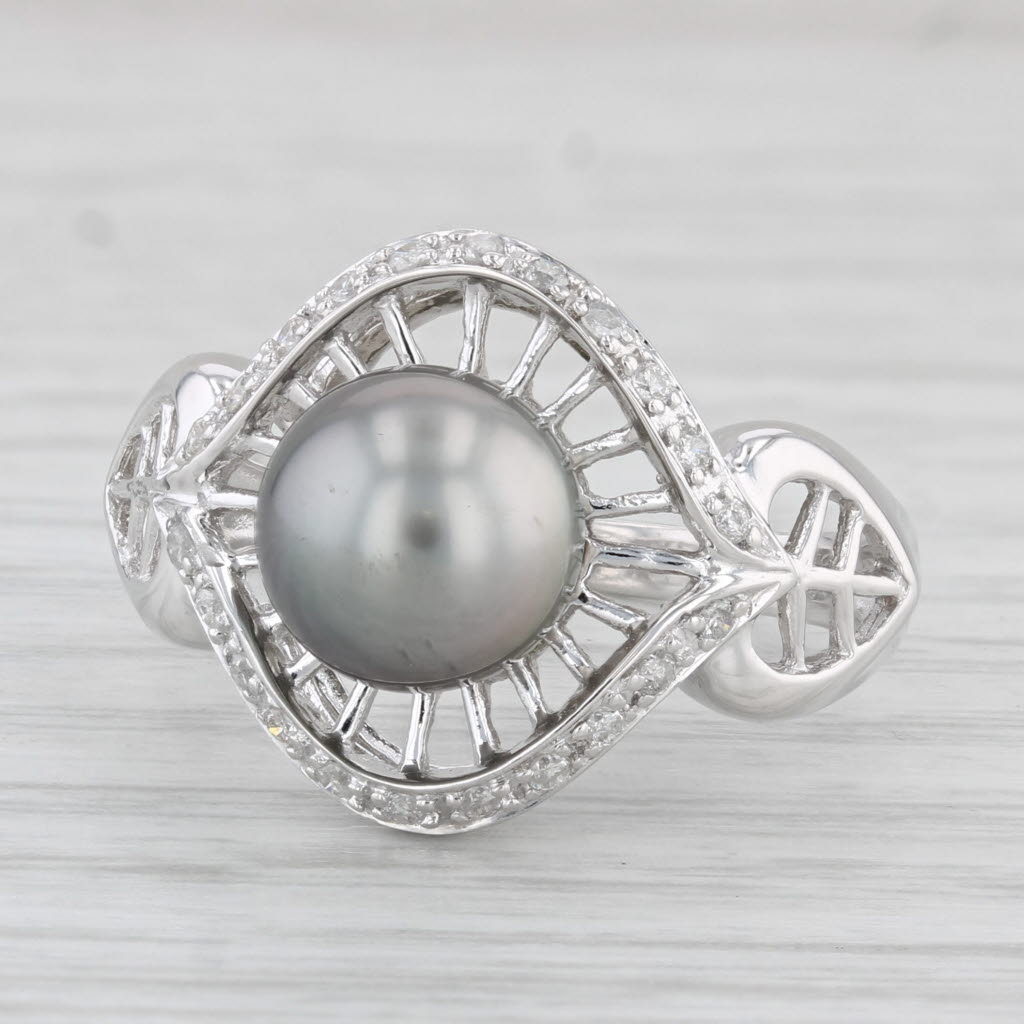 Light Gray Black Cultured Pearl 0.10ctw Diamond Ring 10k White Gold Size 8