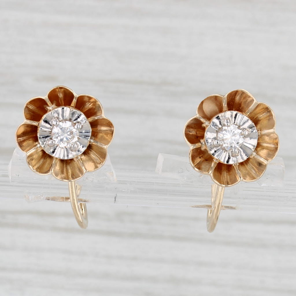 Light Gray 0.16ctw Diamond Flower Drop Earrings 14k Yellow Gold Non Pierced Screw Backs