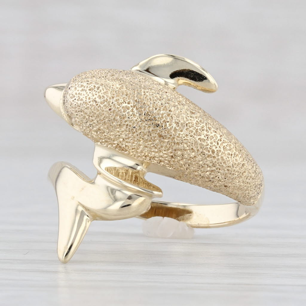 Light Gray Dolphin Bypass Ring 14k Yellow Gold Size 7 Nautical Jewelry