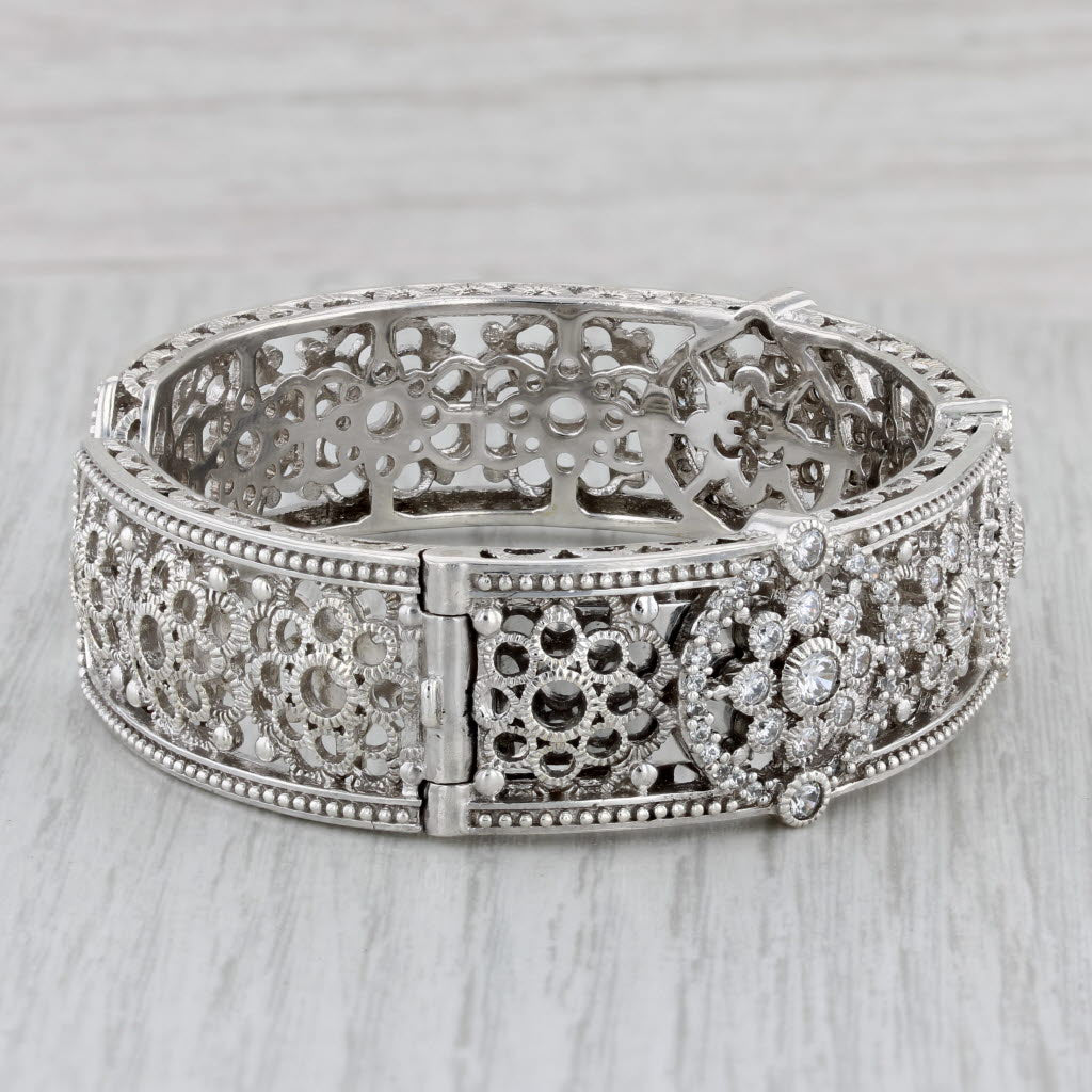 Gray Ornate Judith Ripka Flower Cuff Bracelet Sterling Silver Cubic Zirconia 6.5"