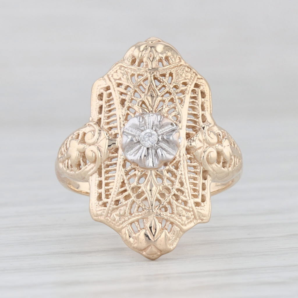 Light Gray Art Deco Diamond Accented Filigree Ring 10k Yellow Gold Size 5.5