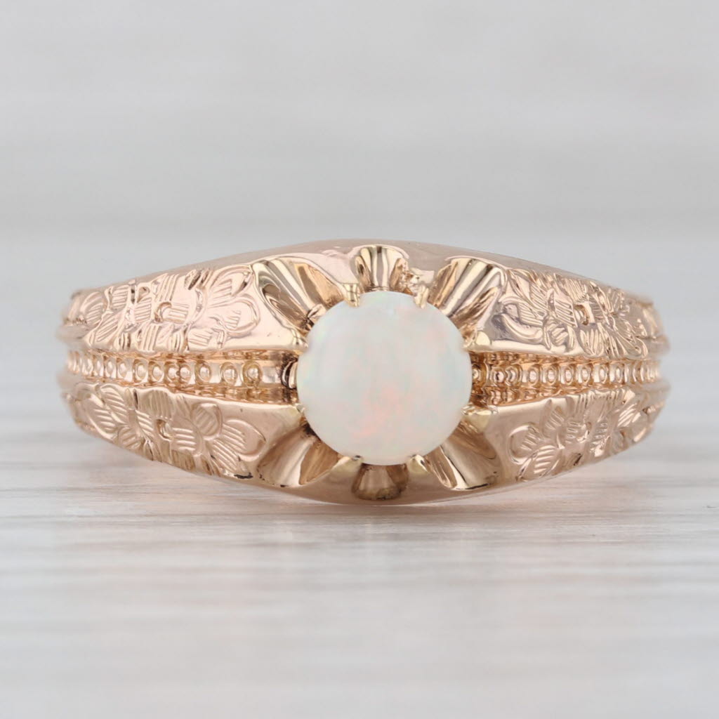 Light Gray Vintage Opal Cabochon Solitaire Ring 10k Rose Gold Floral Pattern Size 12