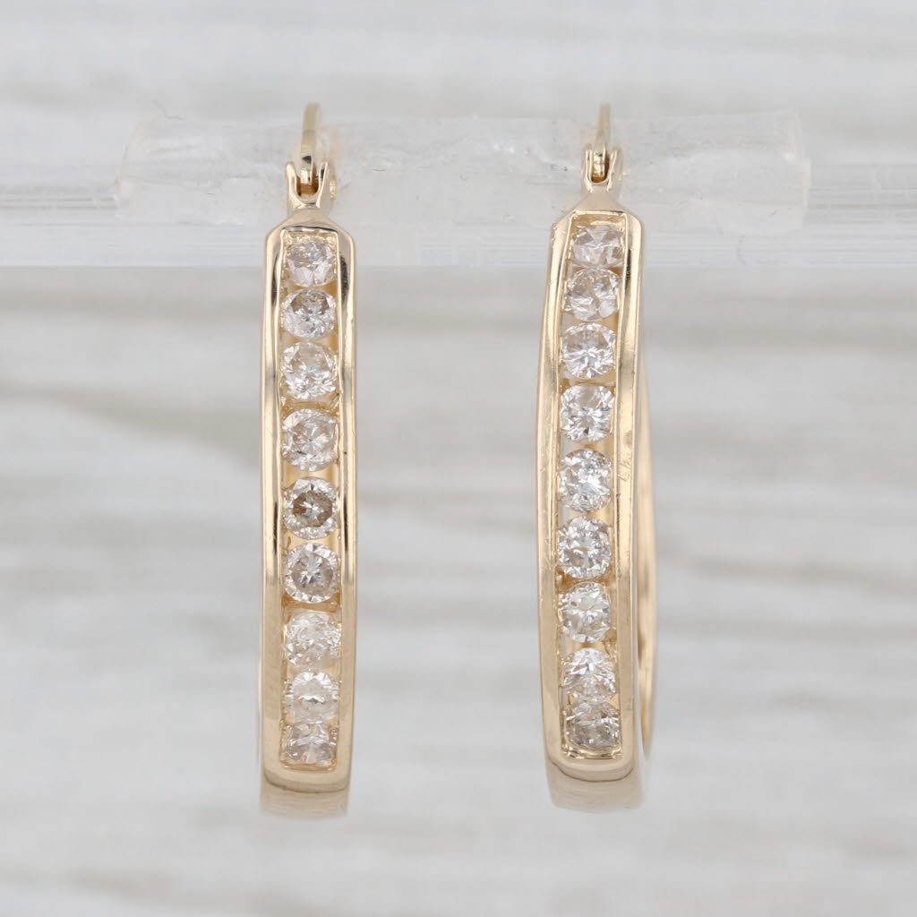 0.74ctw Diamond Hoop Earrings 14k Yellow Gold Snap Top Round Hoops