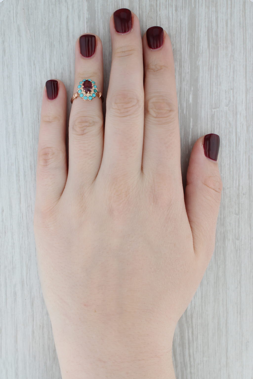Gray Vintage Rhodolite Garnet Turquoise Halo Ring 12k Rose Gold Size 5