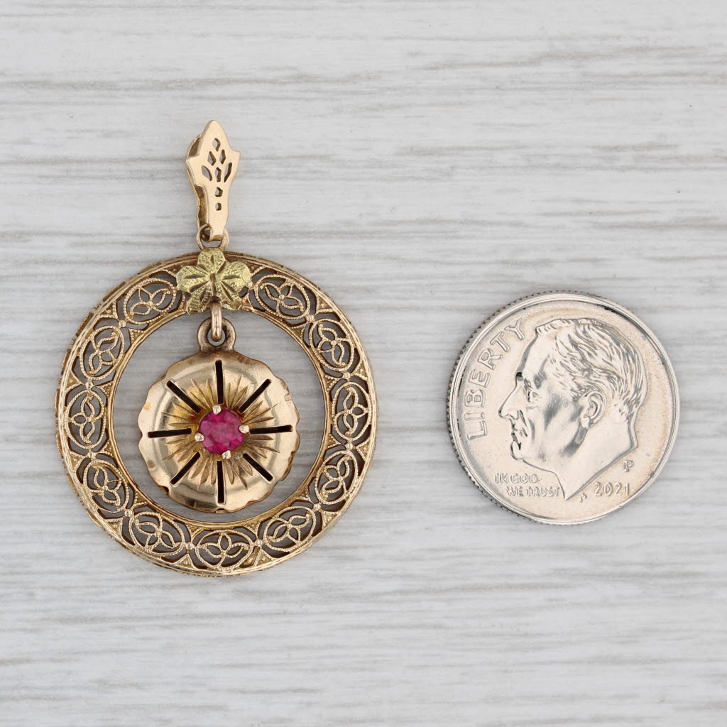 Light Gray Vintage 0.18ct Lab Created Ruby Flower Pendant 10k Yellow Gold Filigiree
