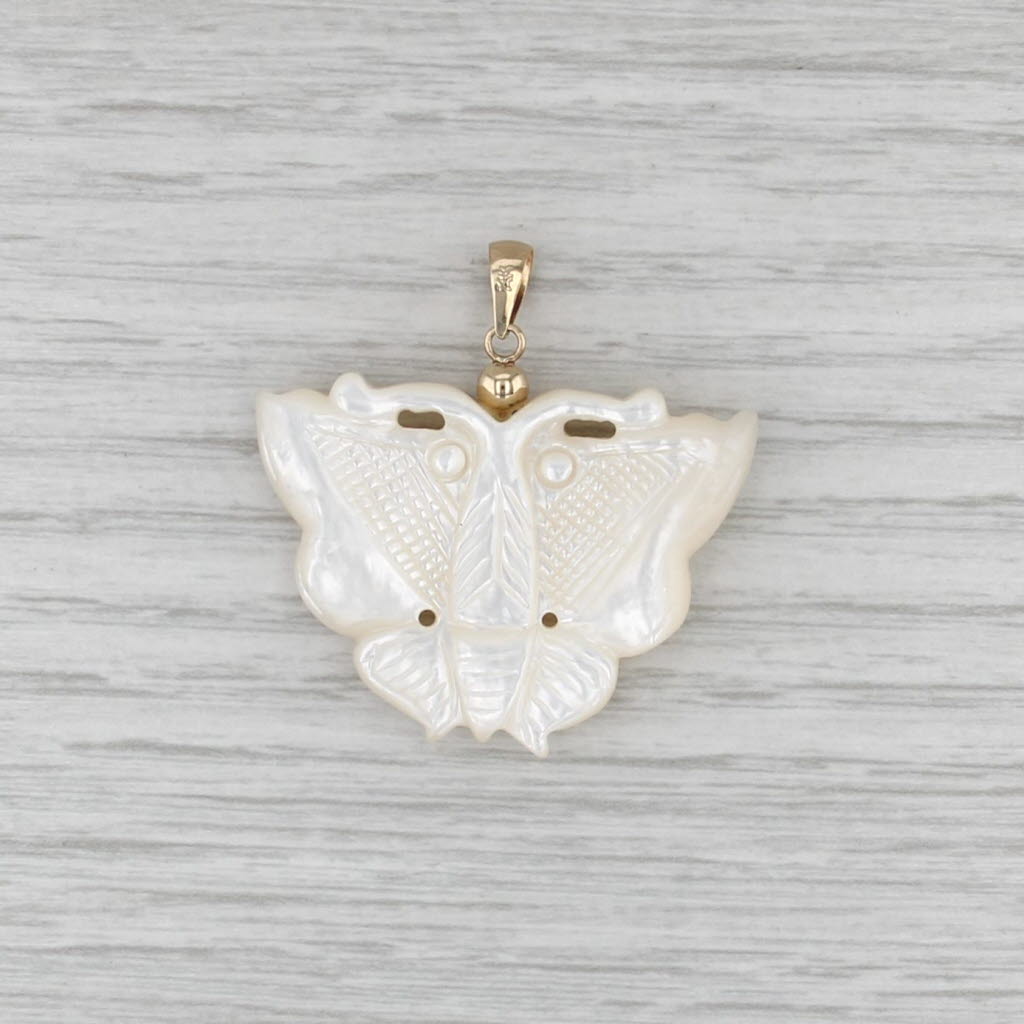 Carved Mother of Pearl Butterfly Pendant 14k Yellow Gold