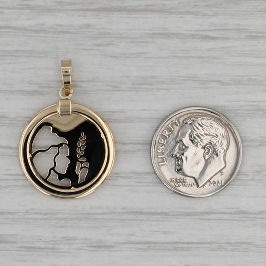 Virgo Symbol Stencil of Girl Holding Wheat Pendant 14k Gold Astrology Medallion