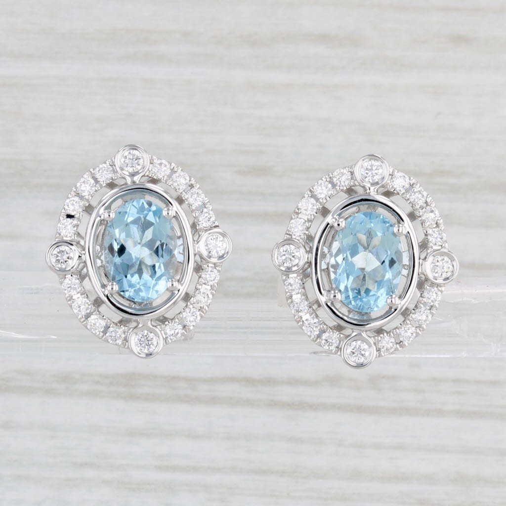 Light Gray New 1.83ctw Oval Aquamarine Diamond Halo Stud Earrings 14k White Gold