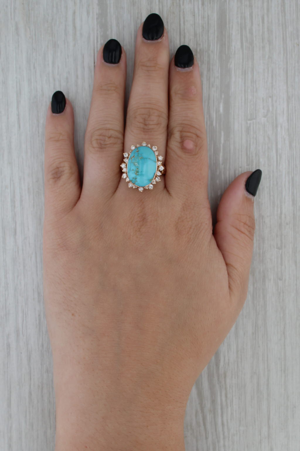 Turquoise Oval Cabochon Diamond Halo Ring 14k Yellow Gold Size 8 Cocktail