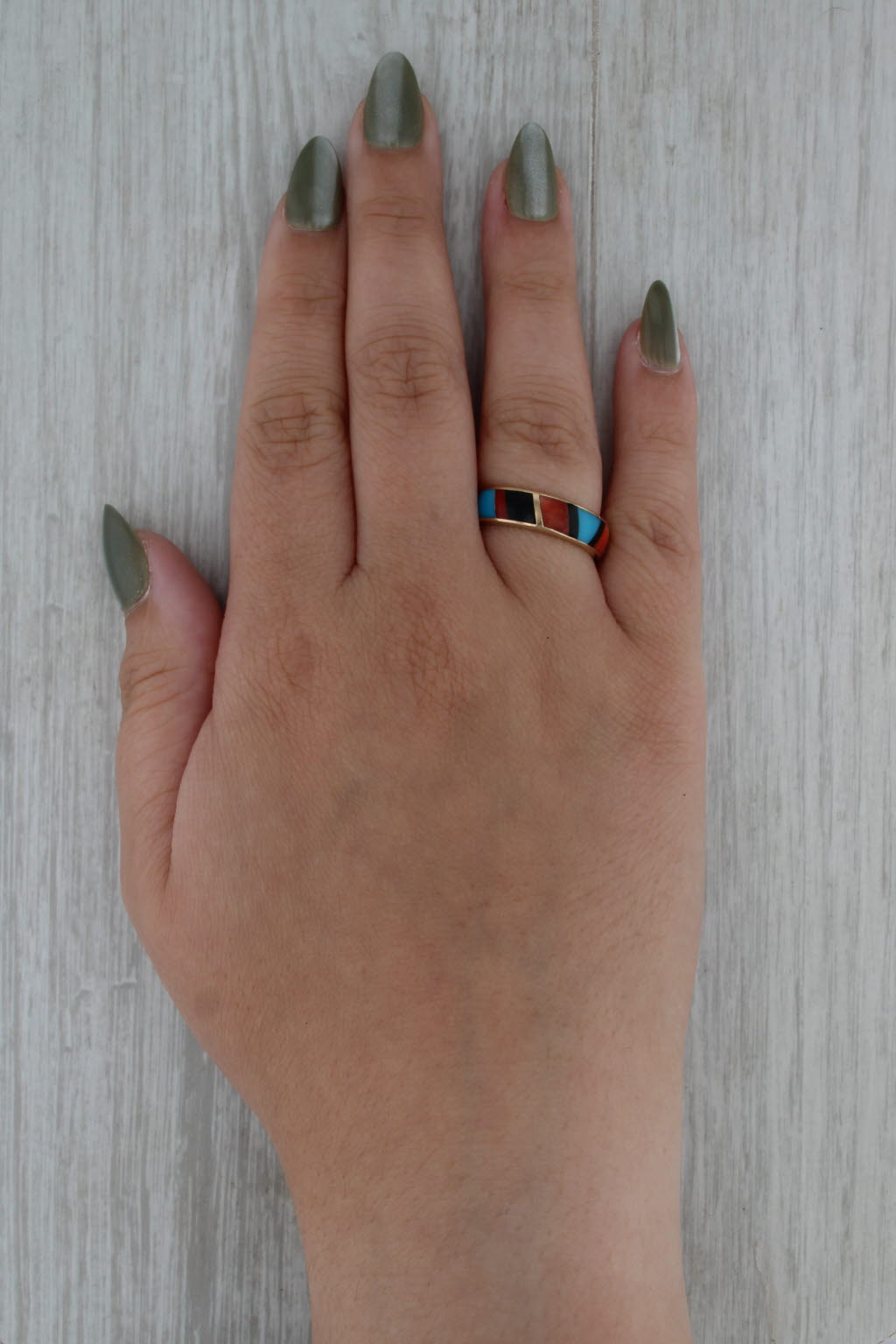 Vintage Native American Stone Mosaic Ring 14k Yellow Gold Size 8 Stackable Band