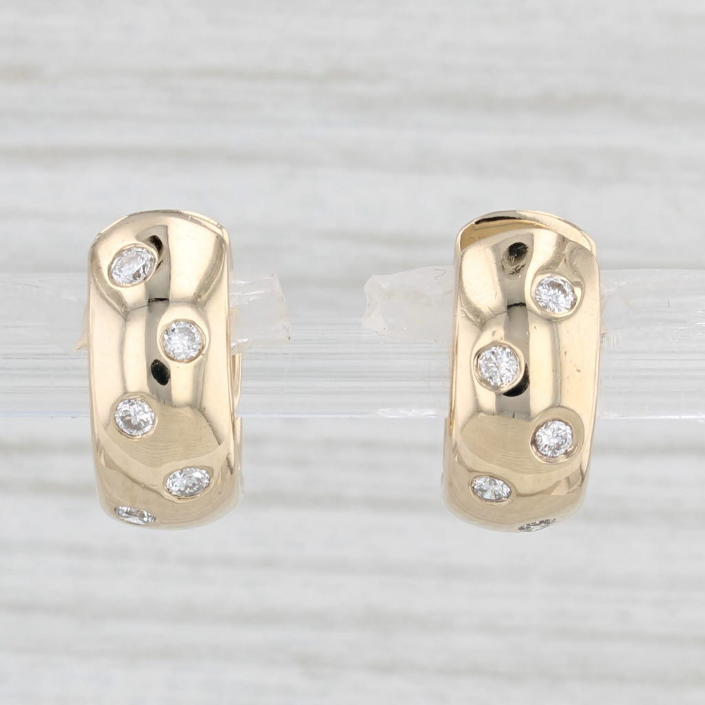 Light Gray Diamond Dots Hoop Huggie Earrings 14k Yellow Gold Hinged Snap Top