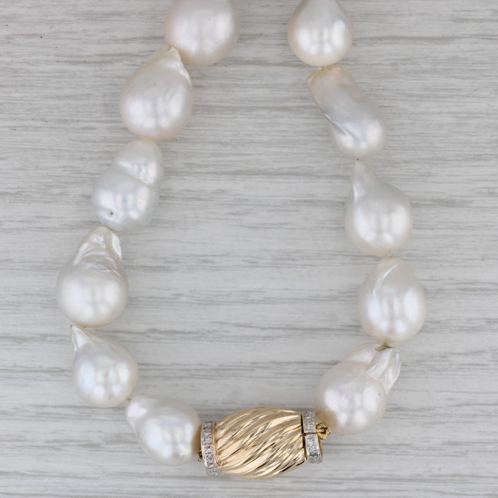 Gray Cultured Baroque Pearl Strand Necklace 0.10ctw Diamond Clasp 14k Gold 18.5"