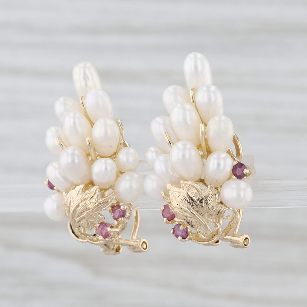 Pink Sapphire Cultured Pearl Cluster Grape Bunch Drop Earrings 14k Yellow Gold
