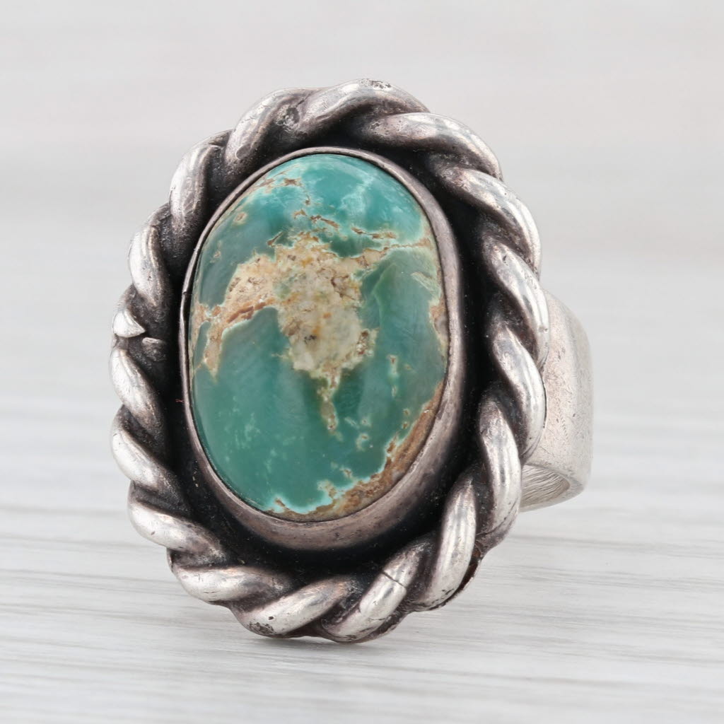 Vintage Native American Green Turquoise Ring Sterling Silver Artisan HMS Size 7