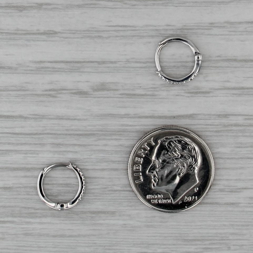 Diamond Mini Hoop Huggie Earrings 14k White Gold Round Hoops Hinged 9.7x1.4mm