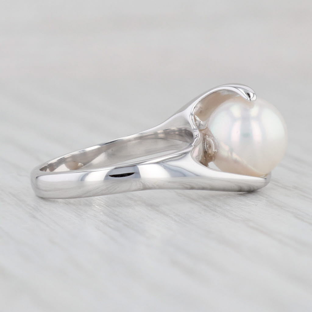 Light Gray 9mm Cultured Pearl Solitaire Bypass Ring 14k White Gold Size 6.25